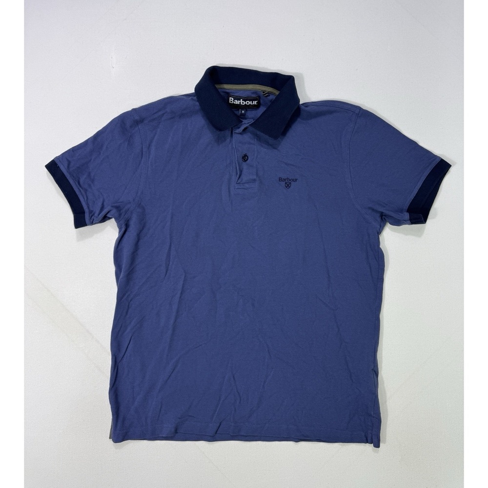 Barbour Polo Shirt Mens Medium Blue Pique Cotton Logo Regular Fit MML1449BU74